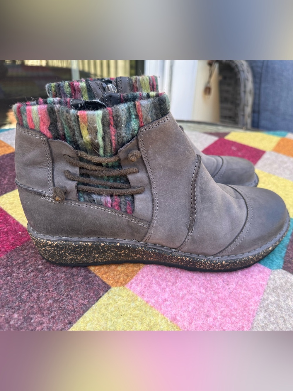 Aetrex Tessa Charcoal Grey Leather Sweater Knit Ankle Boots 6 6.5 EU 37
